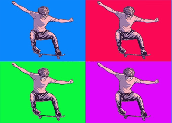 Pop-Art Skateboarder in vier leuchtenden Farben beim spektakulären Sprung-Trick