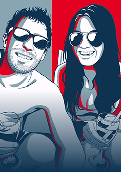 Pop-Art-Paar mit Sonnenbrillen und Cocktails im Party-Urlaubslook