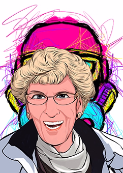 Pop-Art Porträt einer Skifahrerin mit buntem Helm und Skibrille