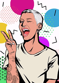 Pop-Art Vorlage Mann mit Peace-Zeichen vor buntem 80er-Jahre Hintergrund