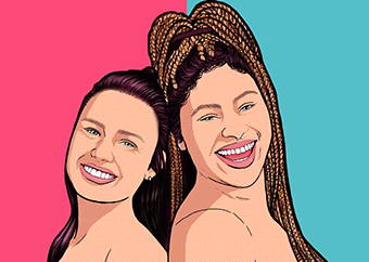 Pop-Art Vorlage zwei Frauen schulterfreiim pinken und türkisen Lichtenstein-Stil