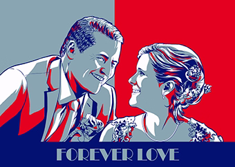 Pop-Art Paar in Rot-Blau mit Schriftzug Forever Love – personalisiertes Hochzeitsgeschenk
