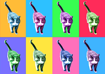 Pop-Art-Collage mit acht Katzen in leuchtenden Warhol-Farben auf bunten Feldern
