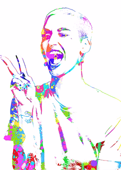 Pop-Art Frau zeigt Victory-Zeichen in lebendigen Neonfarben auf weißem Hintergrund