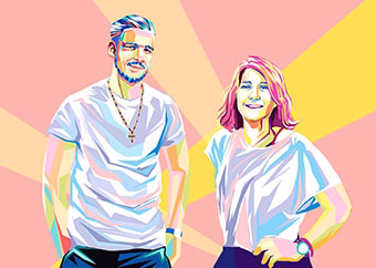 Pop-Art Paar in WPAP-Stil mit buntem Strahlen-Hintergrund als personalisiertes Geschenk