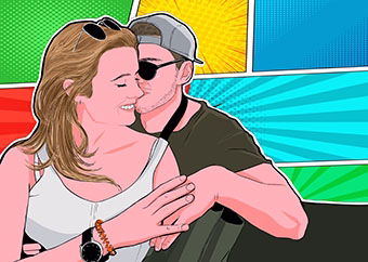 Verliebtes Paar umarmt sich innig im bunten Pop-Art-Stil