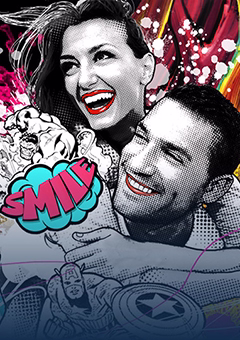 Pop-Art-Vorlage für Paar mit Smile-Schriftzug und Comic-Superhelden-Hintergrund