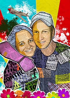 Pop-Art Collage Paar mit Zeitungsfetzen buntem Hintergrund und Blumen