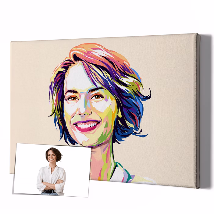 Personalisiertes Pop-Art-Porträt einer Frau im bunten WPAP-Stil auf Leinwand
