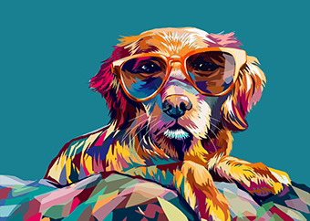 Pop-Art Hund mit Sonnenbrille in bunten WPAP-Farben auf türkisem Hintergrund