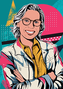 Pop-Art-Porträt einer Person mit Brille und verschränkten Armen im 80er-Jahre-Stil