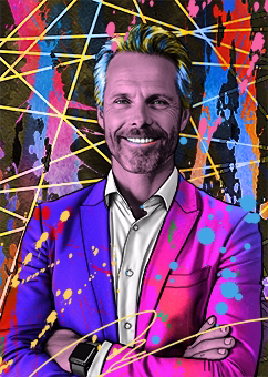 Pop-Art Porträt Mann im pinken Blazer mit bunten Farbspritzern und geometrischen Linien