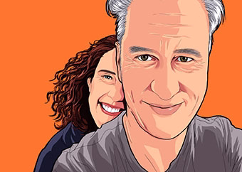 Pop-Art-Porträt eines Paares vor orangem Hintergrund im Comic-Stil