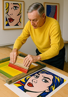 Mann im gelben Pullover bearbeitet Pop-Art-Siebdruck in einem Atelier