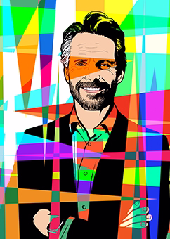 Pop-Art-Porträt eines Mannes im Blazer vor buntem geometrischem Hintergrund