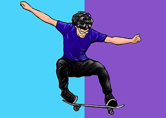 Pop-Art Skateboarder im Lichtenstein-Stil mit blauem Shirt und Sonnenbrille beim Trick