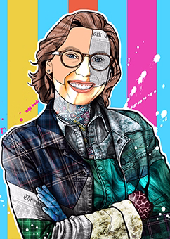Pop-Art Collage Portrait einer Person mit Brille in Jeansjacke vor bunten Streifen