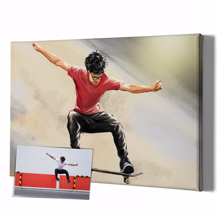 Personalisiertes Leinwandbild Skateboarder führt Trick im Pop-Art-Stil aus