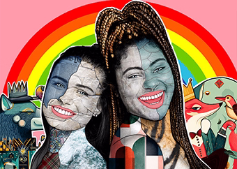 Pop-Art-Collage zweier Frauen vor buntem Regenbogen auf rosa Hintergrund
