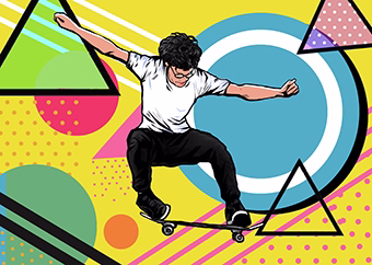 Pop-Art Skateboarder führt Trick aus vor buntem 80er-Jahre Hintergrund