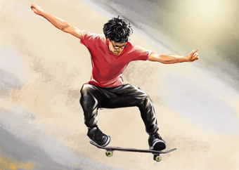 Pop-Art Illustration junger Mann auf Skateboard beim Trick im Skatepark
