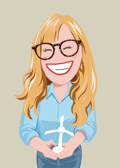 Pop-Art Karikatur einer Frau mit Brille hält ein Windrad-Modell
