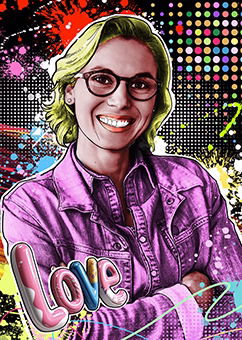 Pop-Art-Porträt einer Frau mit Brille und Jeansjacke, bunter Love-Schriftzug