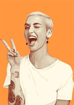 Pop-Art Illustration einer Person mit Peace-Zeichen auf orangem Hintergrund