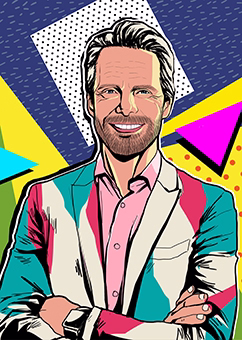 Mann im eleganten Blazer posiert selbstbewusst vor 80er-Jahre Pop-Art-Hintergrund