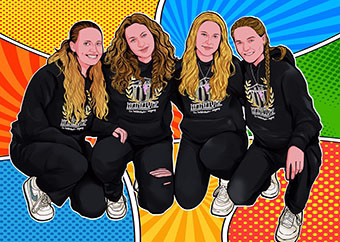 Vier Freundinnen in schwarzen Hoodies hocken zusammen im Pop-Art-Stil