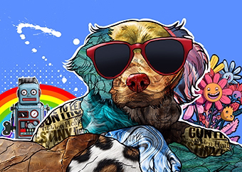 Pop-Art Hund mit Sonnenbrille im bunten Collage-Stil mit Regenbogen und Roboter