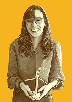 Pop-Art Illustration einer Frau mit Brille und Windrad auf gelbem Hintergrund