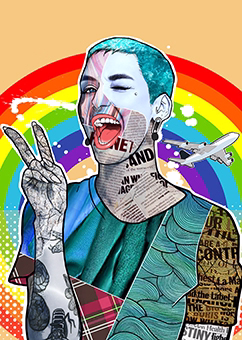 Pop-Art Collage einer Person mit Peace-Zeichen vor buntem Regenbogen