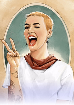 Pop-Art Illustration einer Frau mit Peace-Zeichen in weißem Shirt und Halstuch