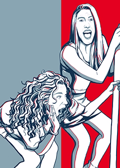 Pop-Art Illustration zwei Frauen feiern ausgelassen gemeinsam in rot-grauem Stil