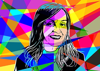 Pop-Art Porträt einer Frau vor buntem geometrischem Hintergrund im Lobo-Stil