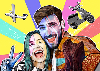Pop-Art Paar macht Selfie mit Flugzeug und Roller im bunten Hintergrund