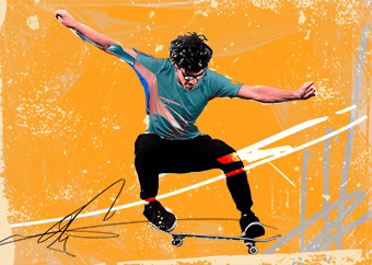 Pop-Art Skateboarder beim Trick-Sprung auf orangem Grunge-Hintergrund