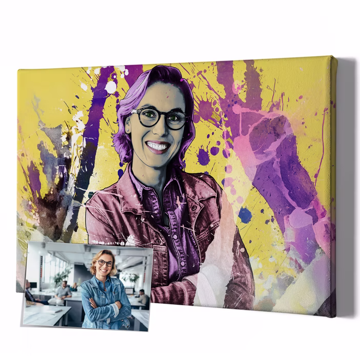 Pop-Art Leinwand einer Frau mit Jeansjacke auf gelbem Farbsplatter-Hintergrund