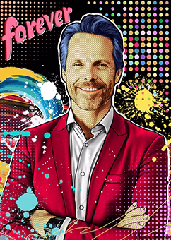 Pop-Art-Porträt Mann im roten Sakko mit Forever-Schriftzug und Farbspritzern