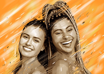 Zwei Frauen im Pop-Art-Stil vor leuchtendem orangefarbenem Hintergrund