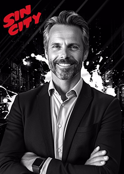 Mann im Anzug mit verschränkten Armen im Sin-City-Noir-Stil