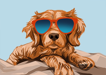 Pop-Art Hund mit roten Sonnenbrille liegend auf hellem Hintergrund
