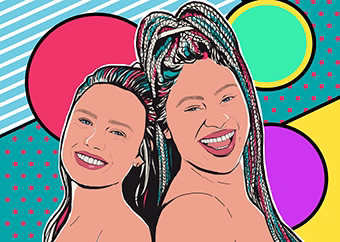 Zwei Freundinnen nebeneinander im bunten 80er Pop-Art-Stil personalisierbar