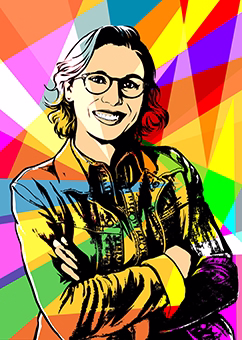 Pop-Art-Porträt einer Frau mit Brille und Kopfhörern, verschränkten Armen, buntem Hintergrund