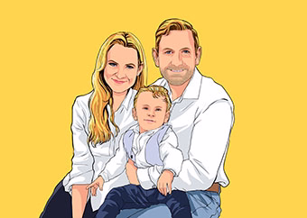 Pop-Art-Porträt einer jungen Familie mit Baby auf gelbem Hintergrund