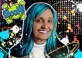 Pop-Art Porträt einer Frau mit BOOM-Schriftzug auf schwarzem Hintergrund