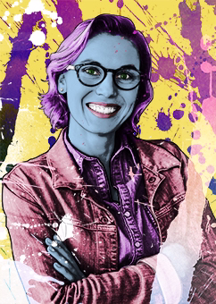 Pop-Art-Porträt einer Frau mit Brille und Jeansjacke, Arme verschränkt, farbenfroher Warhol-Stil