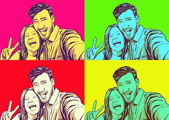 Pop-Art Paar macht Selfie mit Victory-Zeichen in vier bunten Farbvarianten