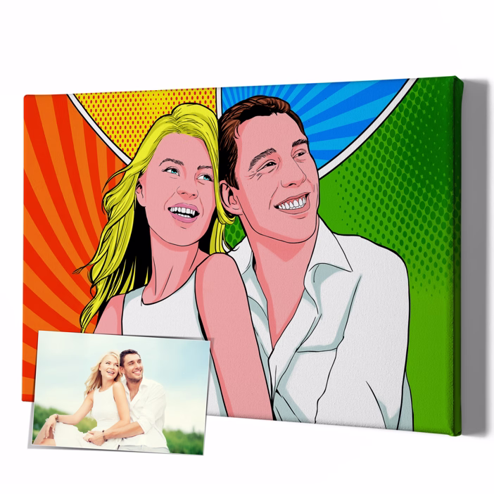 Personalisiertes Pop-Art Paar-Portrait im Lichtenstein-Stil auf Leinwand